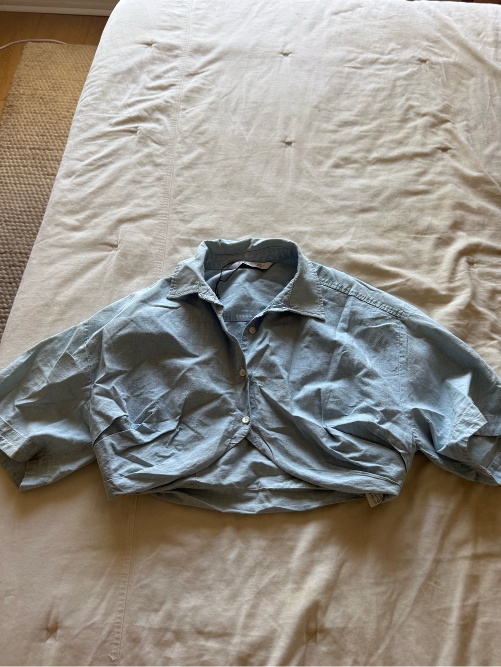 Zara Light Blue Cropped Button-Up Top